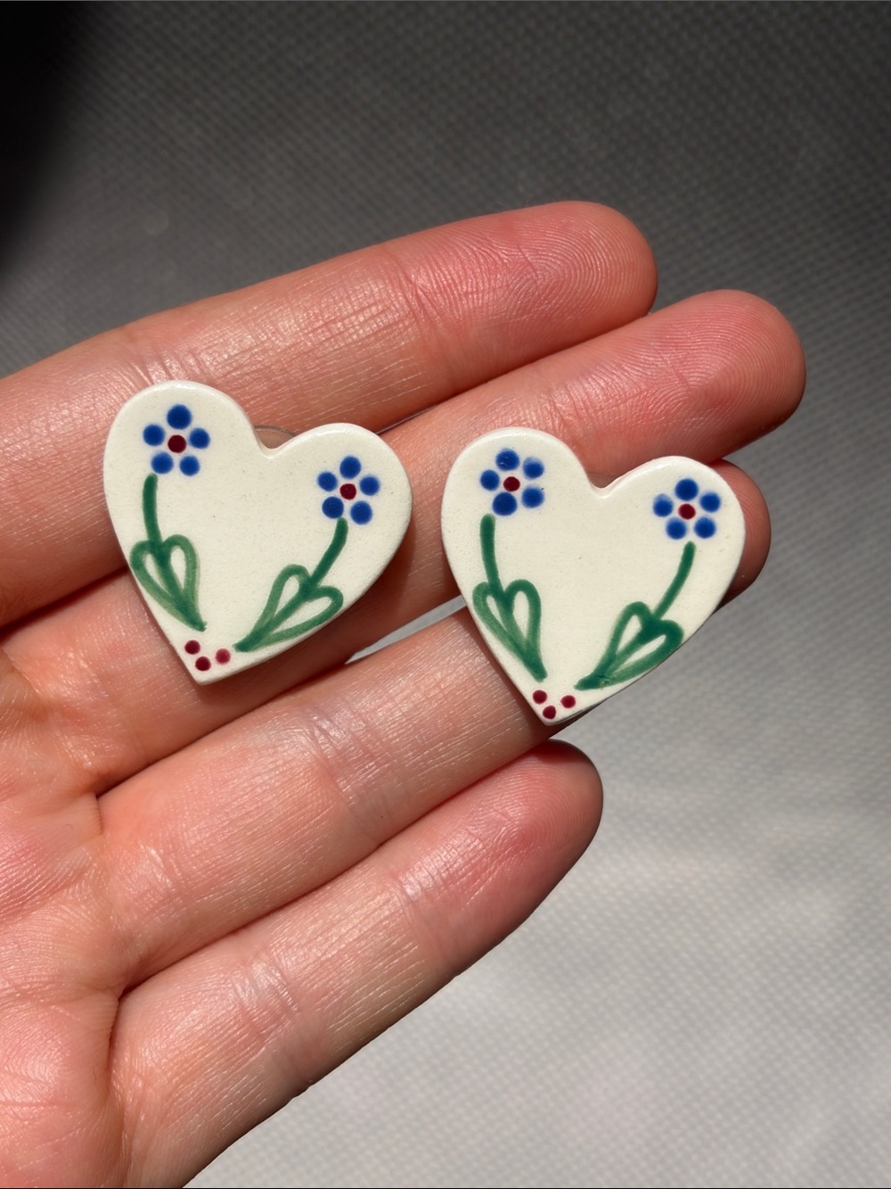 Hand-Painted White Heart Earrings with Blue Flowers